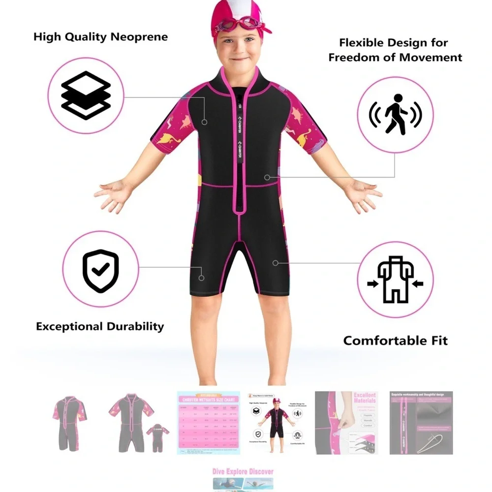 Chriffer Kids Wetsuit Size Large Pink/Black Dino Print Details Short Sleeve Girl